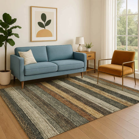 9' X 12' Khaki Gray And Beige Striped Washable Area Rug With UV Protection