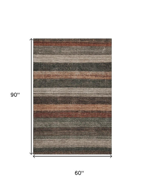 5' X 8' Rust Gray And Beige Striped Washable Area Rug With UV Protection