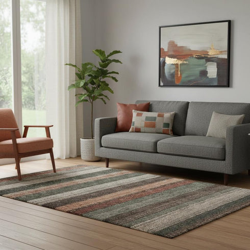 5' X 8' Rust Gray And Beige Striped Washable Area Rug With UV Protection