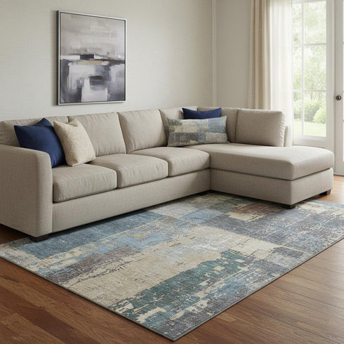 8' X 10' Beige And Blue Abstract Washable Area Rug With UV Protection