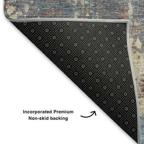 8' X 10' Beige And Blue Abstract Washable Area Rug With UV Protection