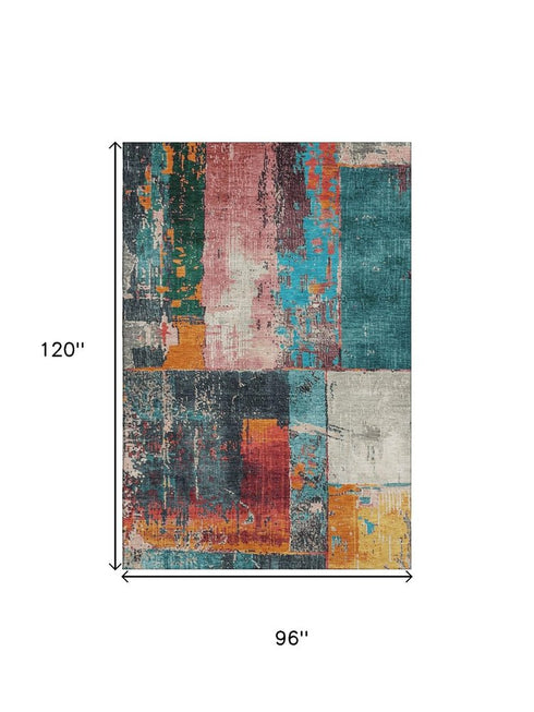 8' X 10' Teal Orange And Pink Abstract Washable Area Rug With UV Protection