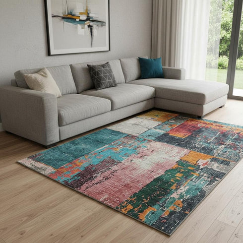 8' X 10' Teal Orange And Pink Abstract Washable Area Rug With UV Protection