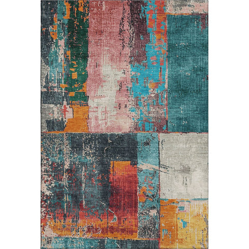 8' X 10' Teal Orange And Pink Abstract Washable Area Rug With UV Protection