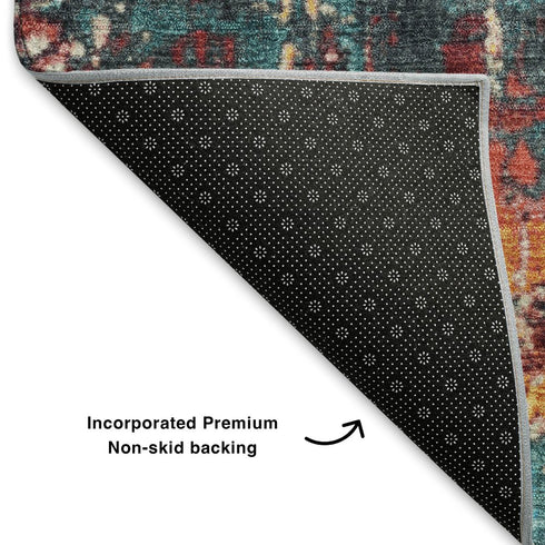 8' X 10' Teal Orange And Pink Abstract Washable Area Rug With UV Protection