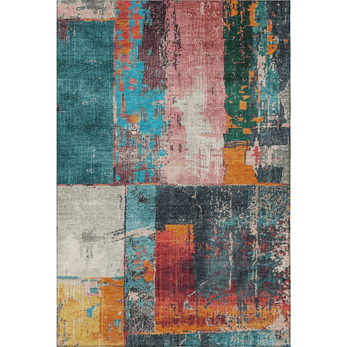 8' X 10' Teal Orange And Pink Abstract Washable Area Rug With UV Protection
