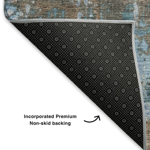 5' X 8' Taupe Blue And Ivory Abstract Washable Area Rug With UV Protection
