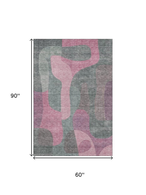 5' X 8' Blush And Sage Abstract Washable Area Rug With UV Protection