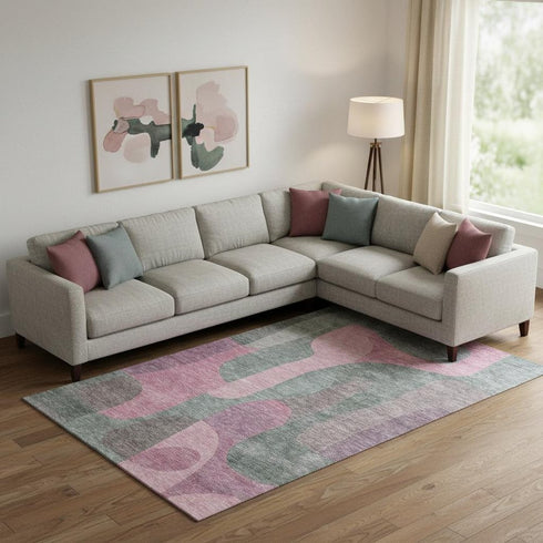 9' X 12' Blush And Sage Abstract Washable Area Rug With UV Protection
