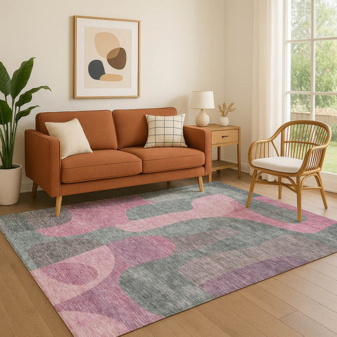 9' X 12' Blush And Sage Abstract Washable Area Rug With UV Protection