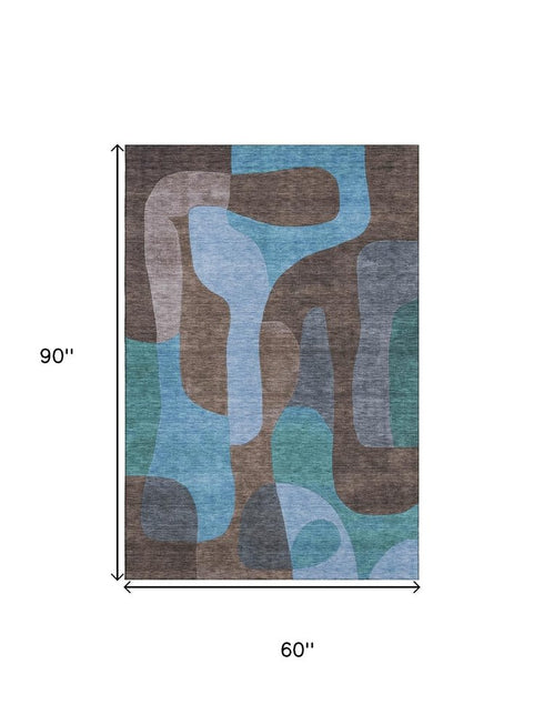 5' X 8' Brown And Blue Abstract Washable Area Rug With UV Protection