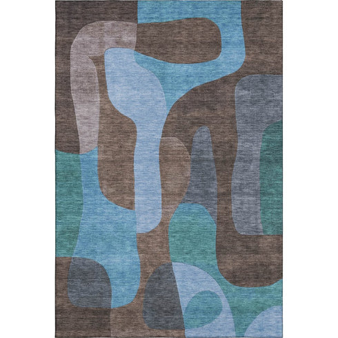 5' X 8' Brown And Blue Abstract Washable Area Rug With UV Protection