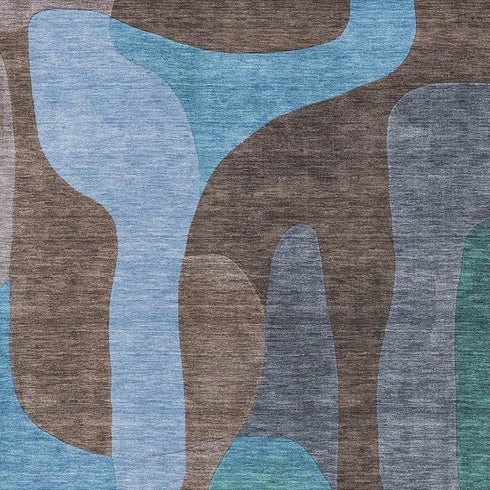 5' X 8' Brown And Blue Abstract Washable Area Rug With UV Protection