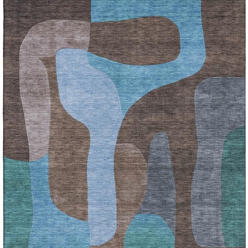 5' X 8' Brown And Blue Abstract Washable Area Rug With UV Protection