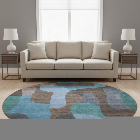 8' Brown And Blue Abstract Washable Round Rug With UV Protection