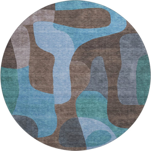 8' Brown And Blue Abstract Washable Round Rug With UV Protection