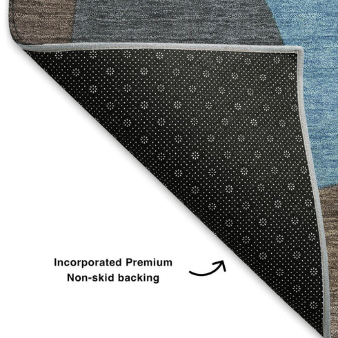 8' Brown And Blue Abstract Washable Round Rug With UV Protection