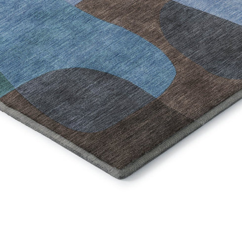 8' Brown And Blue Abstract Washable Round Rug With UV Protection
