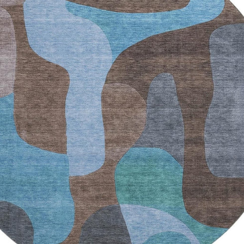 8' Brown And Blue Abstract Washable Round Rug With UV Protection