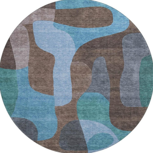 8' Brown And Blue Abstract Washable Round Rug With UV Protection