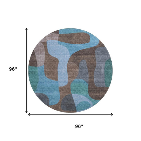 8' Brown And Blue Abstract Washable Round Rug With UV Protection