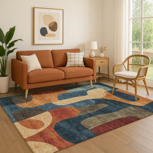 8' X 10' Navy Blue Orange And Rust Abstract Washable Area Rug With UV Protection