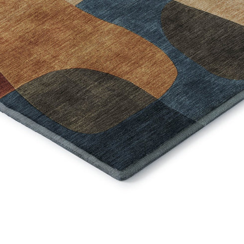 8' X 10' Navy Blue Orange And Rust Abstract Washable Area Rug With UV Protection