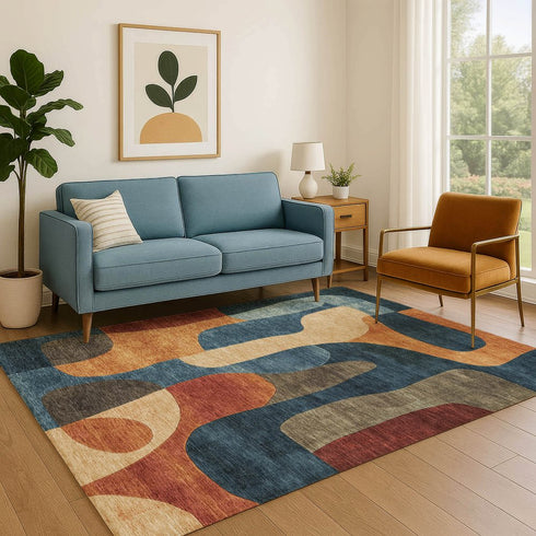 8' X 10' Navy Blue Orange And Rust Abstract Washable Area Rug With UV Protection