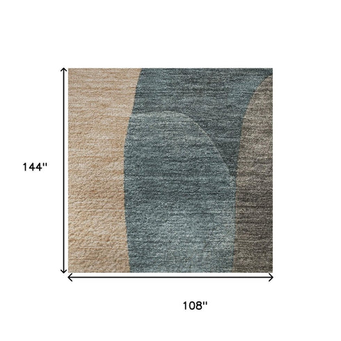 9' X 12' Sage Peach And Rust Abstract Washable Area Rug With UV Protection
