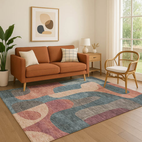 9' X 12' Sage Peach And Rust Abstract Washable Area Rug With UV Protection