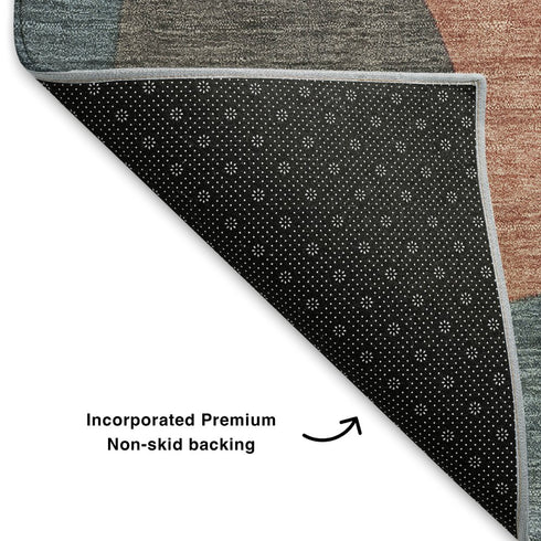 9' X 12' Sage Peach And Rust Abstract Washable Area Rug With UV Protection