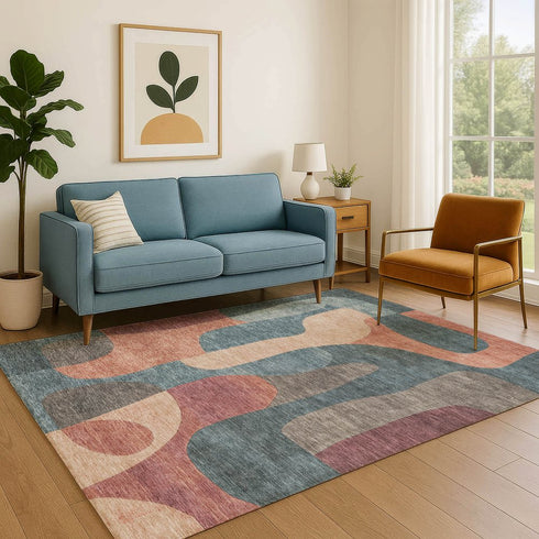9' X 12' Sage Peach And Rust Abstract Washable Area Rug With UV Protection