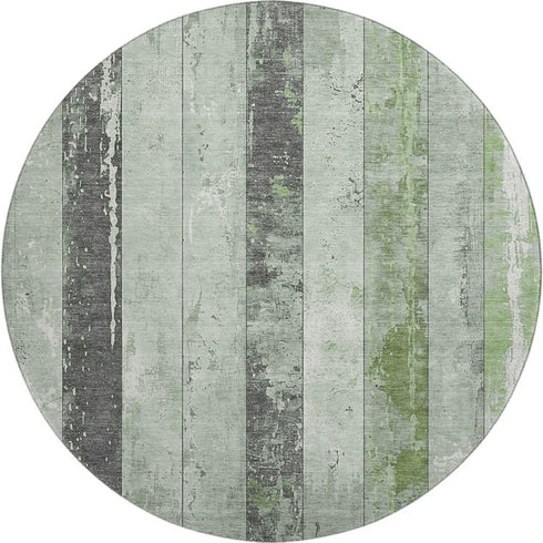 8' Artichoke Green And Gray Striped Washable Round Rug With UV Protection