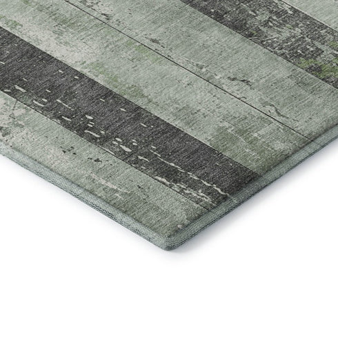 8' Artichoke Green And Gray Striped Washable Round Rug With UV Protection