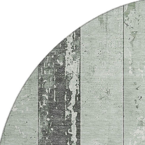 8' Artichoke Green And Gray Striped Washable Round Rug With UV Protection