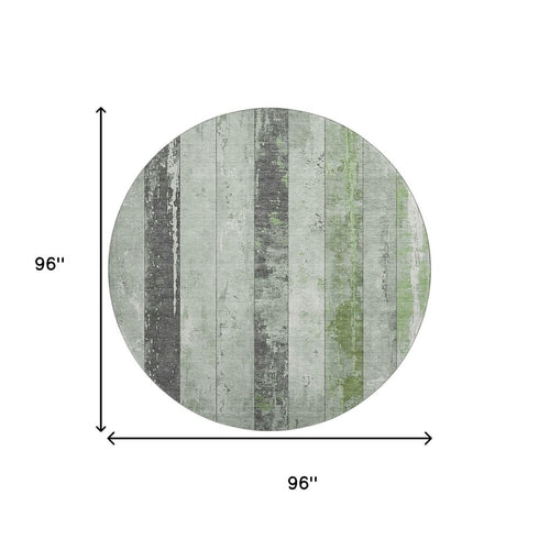 8' Artichoke Green And Gray Striped Washable Round Rug With UV Protection