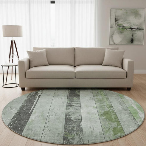 8' Artichoke Green And Gray Striped Washable Round Rug With UV Protection