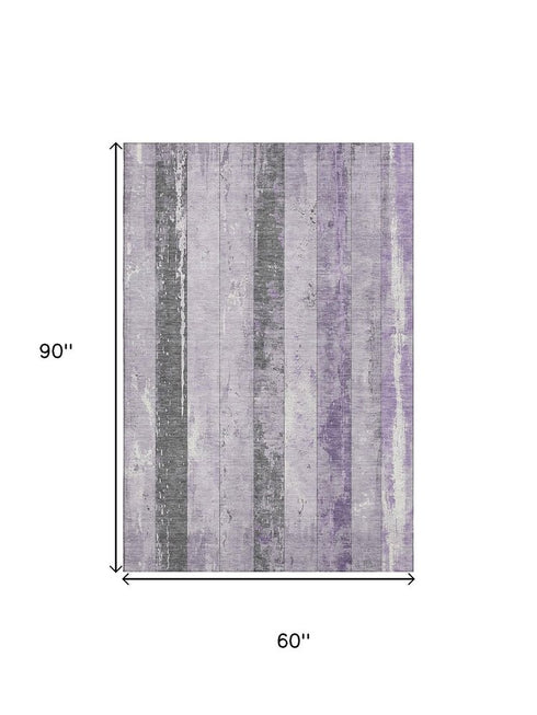 5' X 8' Lavender And Gray Striped Washable Area Rug With UV Protection