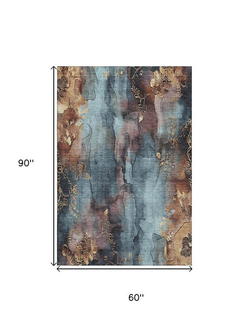 5' X 8' Blue Gold And Copper Floral Washable Area Rug With UV Protection