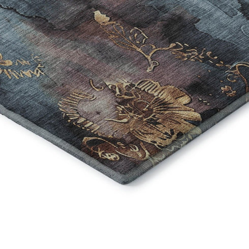 5' X 8' Blue Gold And Copper Floral Washable Area Rug With UV Protection