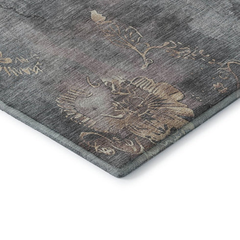 5' X 8' Gray And Beige Floral Washable Area Rug With UV Protection