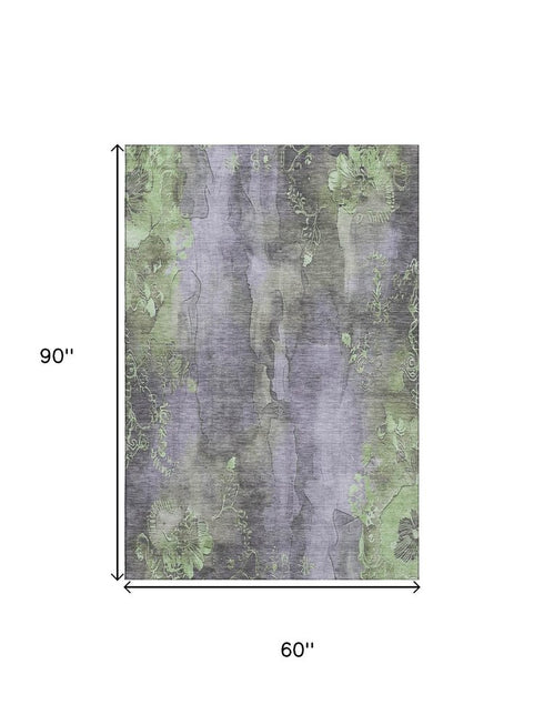 5' X 8' Lavender And Green Floral Washable Area Rug With UV Protection