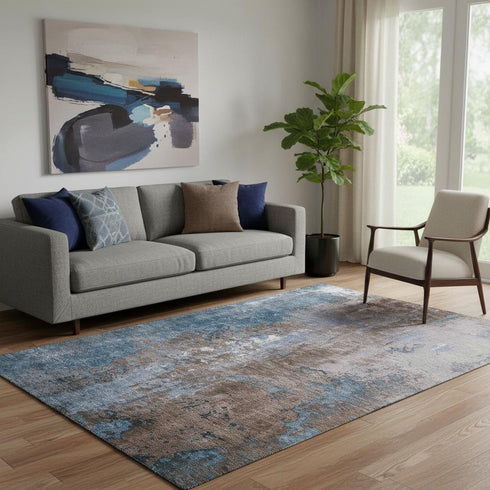 5' X 8' Brown And Blue Abstract Washable Area Rug With UV Protection
