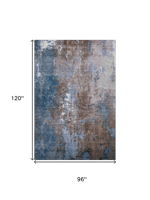 8' X 10' Brown And Blue Abstract Washable Area Rug With UV Protection