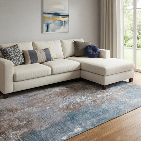 8' X 10' Brown And Blue Abstract Washable Area Rug With UV Protection