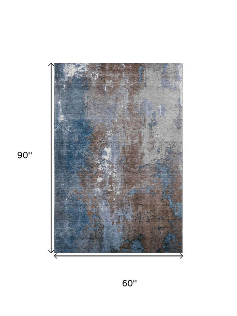 5' X 8' Coffee And Blue Abstract Washable Area Rug With UV Protection