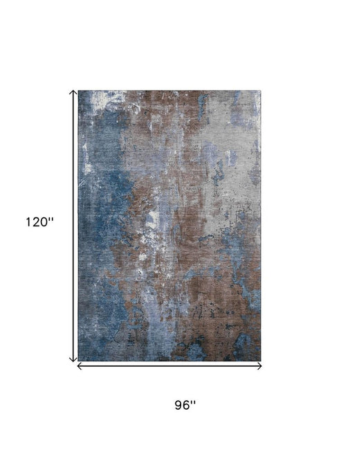 8' X 10' Coffee And Blue Abstract Washable Area Rug With UV Protection