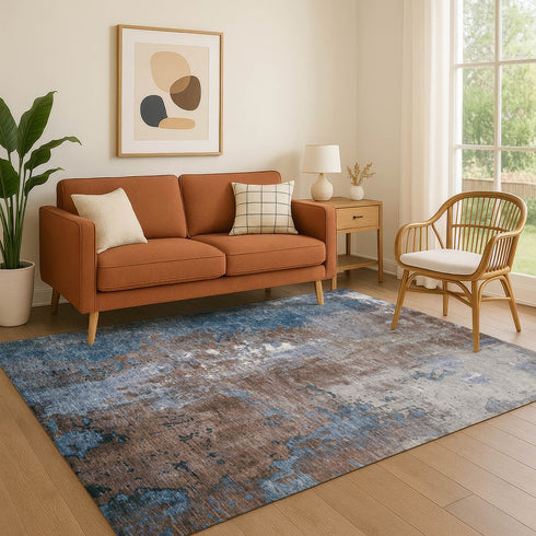 8' X 10' Coffee And Blue Abstract Washable Area Rug With UV Protection