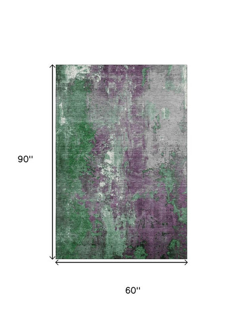 5' X 8' Emerald And Purple Abstract Washable Area Rug With UV Protection