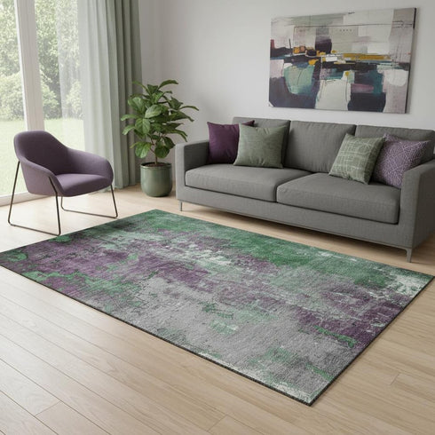 5' X 8' Emerald And Purple Abstract Washable Area Rug With UV Protection